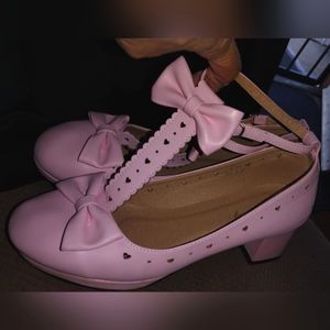 Pink low block heel Mary Jane's